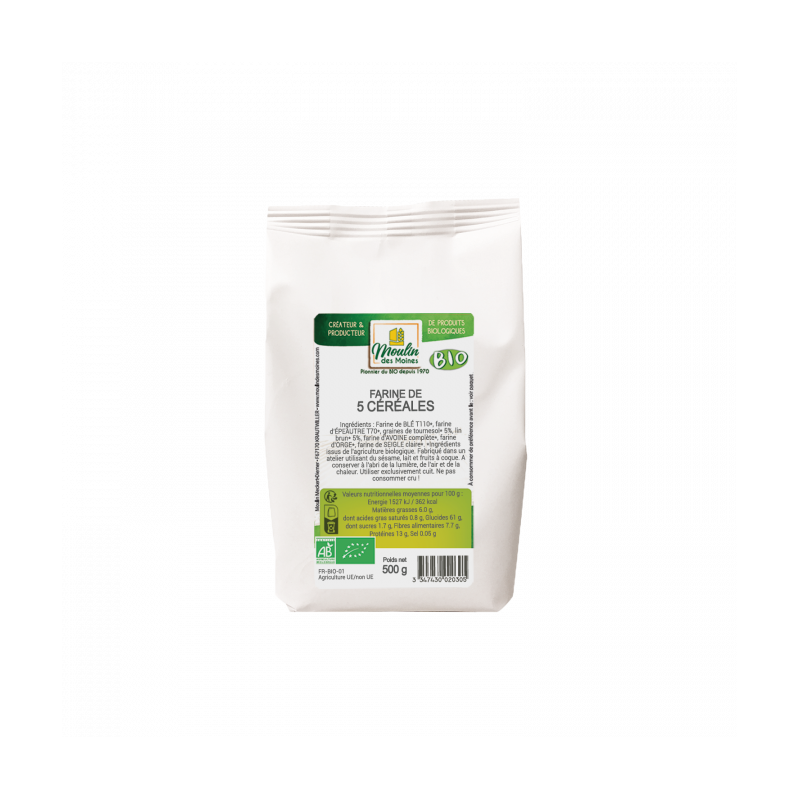 Farine 5 céréales et graines bio (avoine, blé, seigle, orge, épeautre, graines de tournesol et lin brun) - 500g